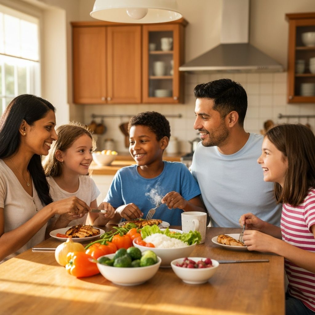 Diverse family sharing a meal together